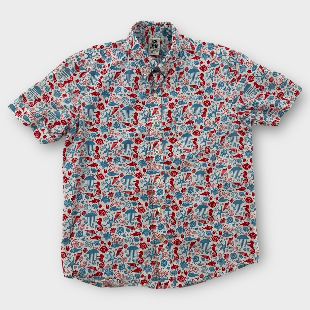 Kennington Ltd Hawaiian Shirt Mens Large Red Blue Ocean Fish Print Aloha AOP L